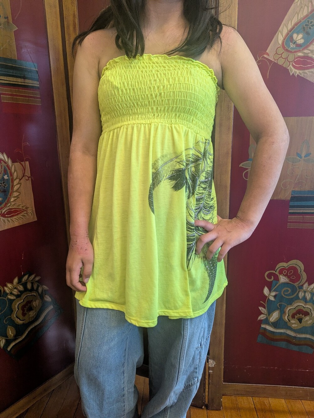Y2K Deb Smocked Babydoll Tube Top Sz XS Neon Yellow Green Peacock Feather